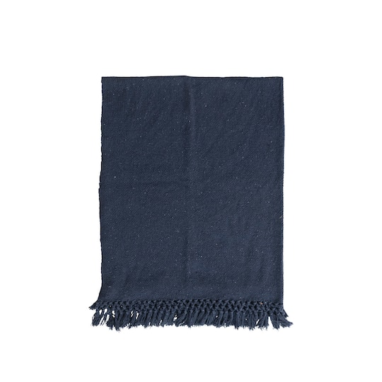 Navy Woven Recycled Cotton Blend Throw with Crochet Fringe
